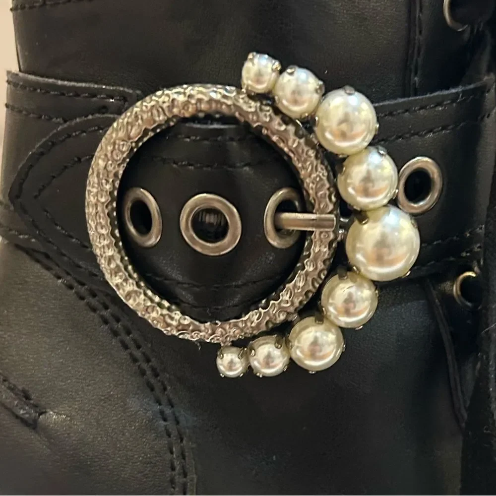 Karl Lagerfeld Black Lace-Up Boots with Silver and Pearl Detail - Picture 3 of 8
